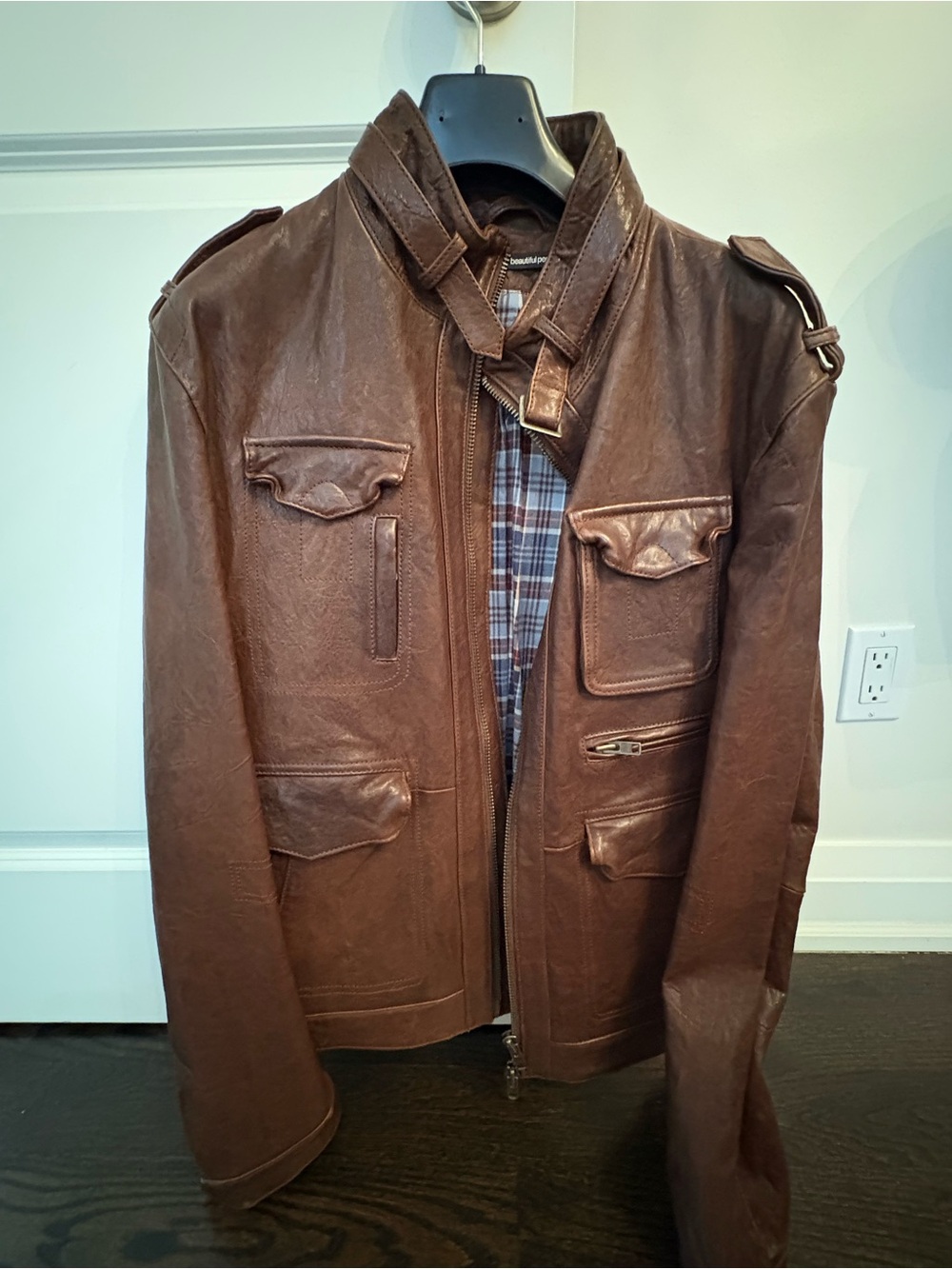 Drykorn Men's Brown Leather Military Field Jacket with Plaid Lining
